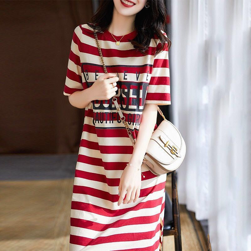 Summer Striped Print T-Shirt Dress with Short Sleeves | Streetwear