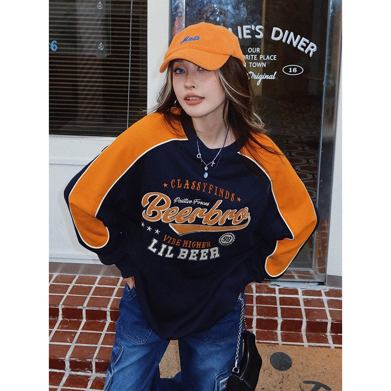 American Retro Color Block Stitching Sweater for Women