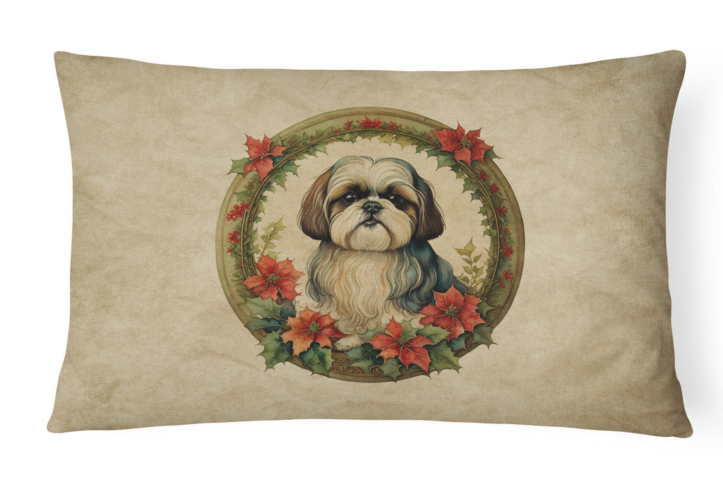 Shih Tzu Christmas Flowers Throw Pillow