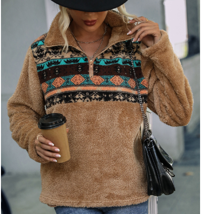 Ladies Geometric Print Round Neck Plush Pullover Sweatshirt