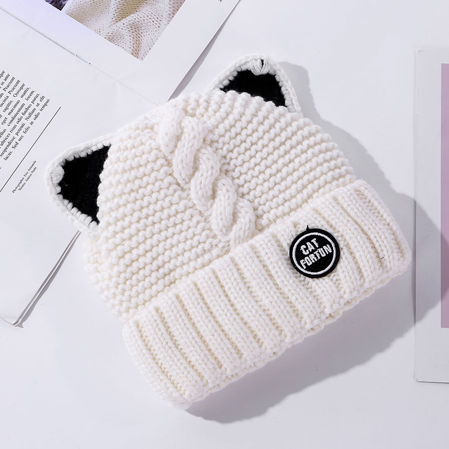Cute Fleece Lined Woolen Cat Ears Cap for Women | Embroidered Cap