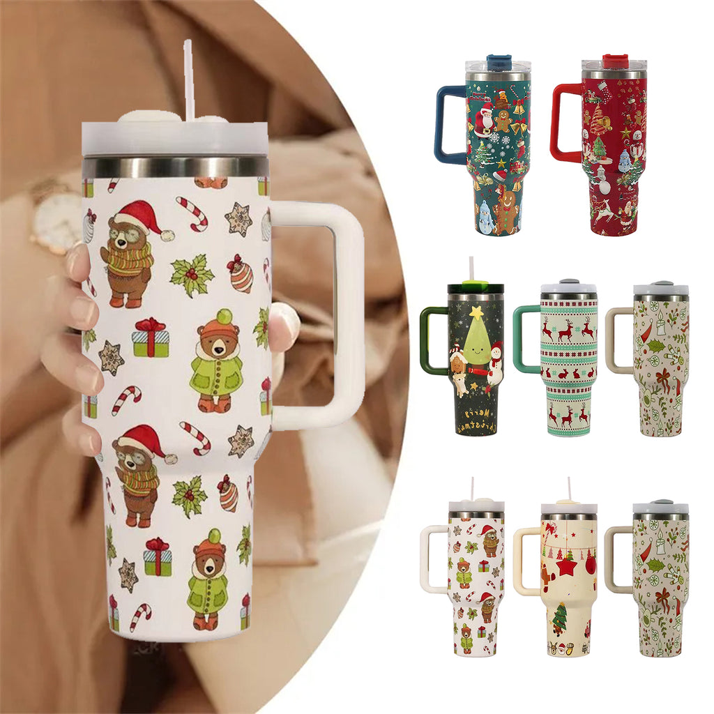 Christmas Stainless Steel Mug 40oz with Handle & Straw