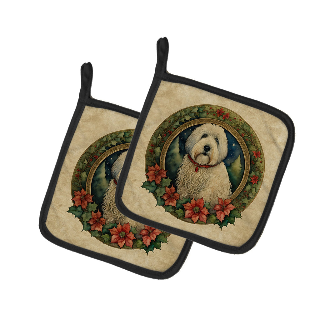 Old English Sheepdog Christmas Flowers Pair of Pot Holders
