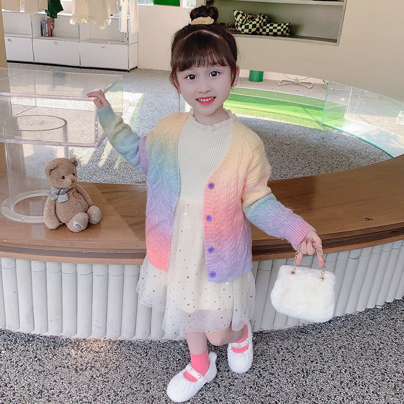 Rainbow Knitted Cardigan Coat for Girls in Spring/Fall