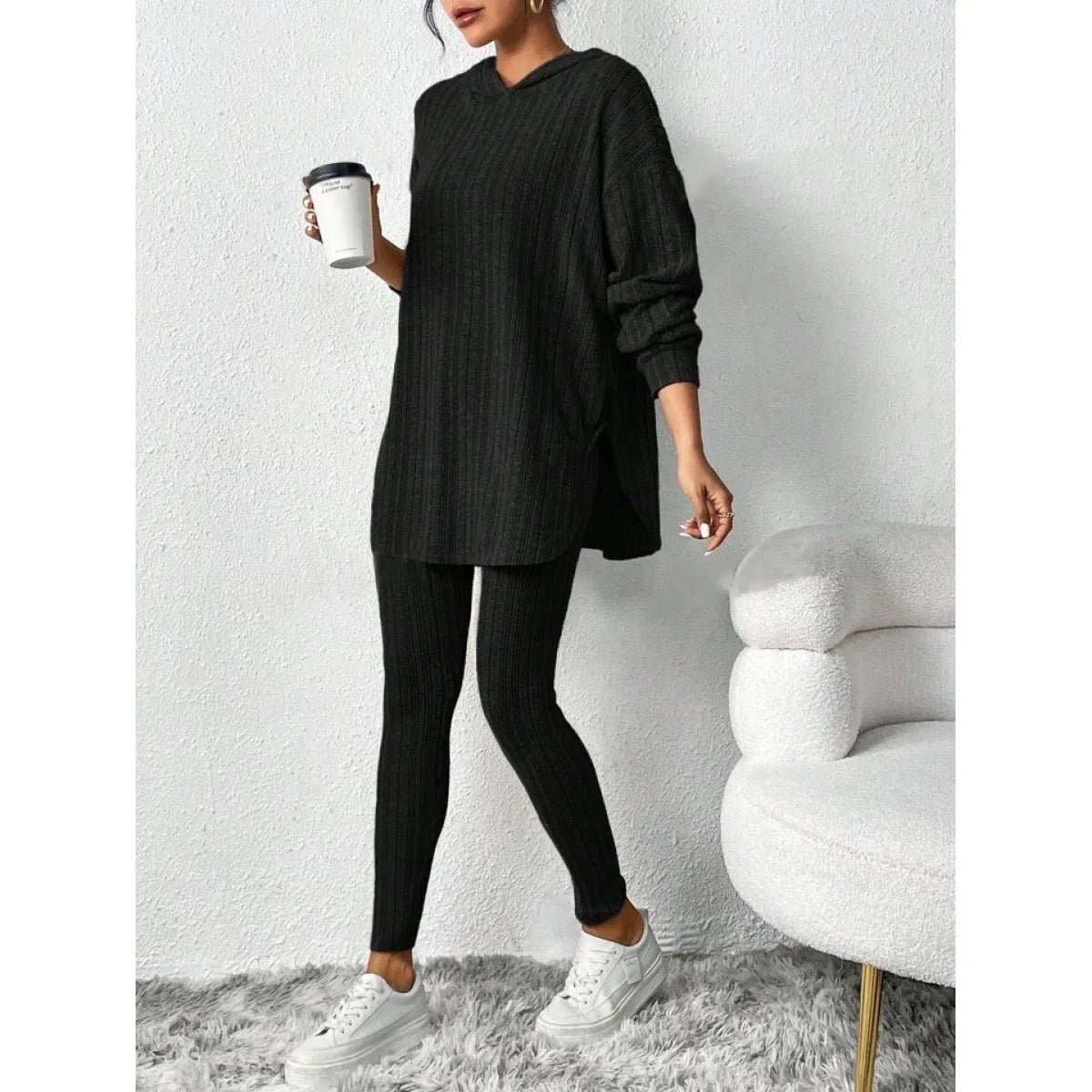 Autumn Solid Stripe Loose Hoodie Set