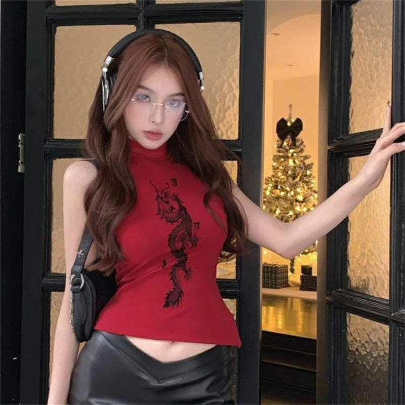 Red Floral Sleeveless Turtleneck Top for Women