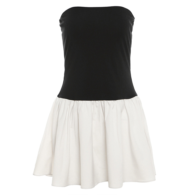 Off-Shoulder Color Block Pleated Slim Dress