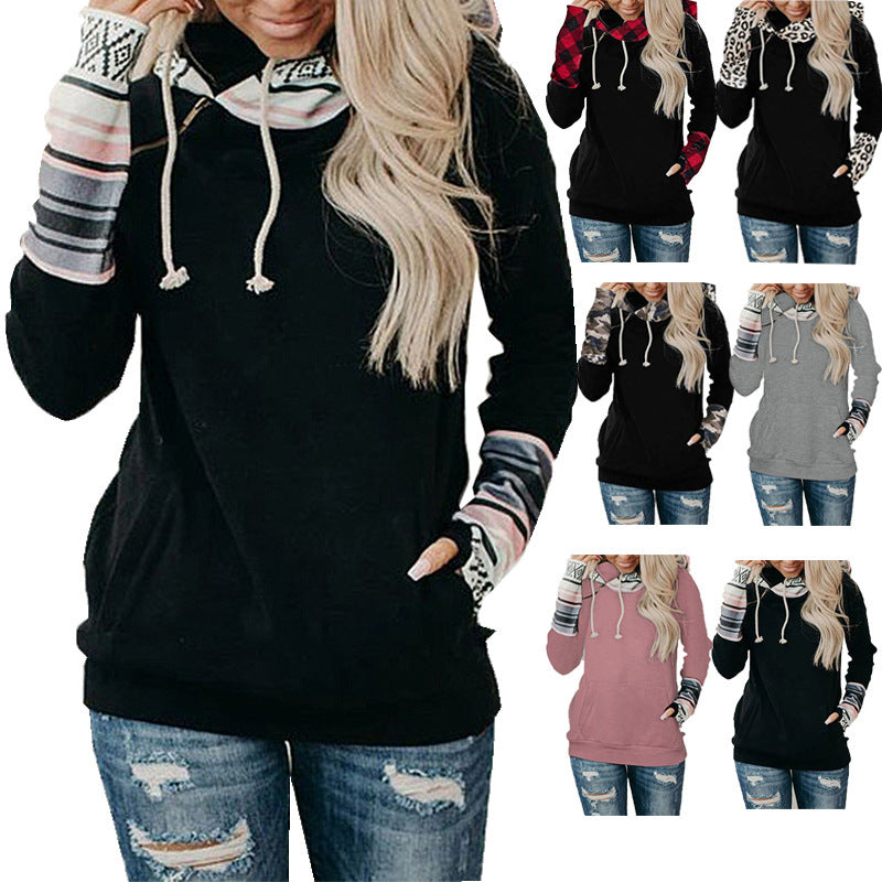 Women's Versatile Hooded Sweater with Printed Stitching