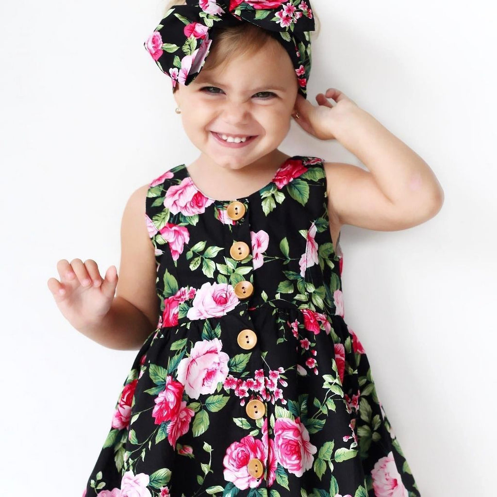 Summer Floral Dress for Toddler Girls with Bow Headband