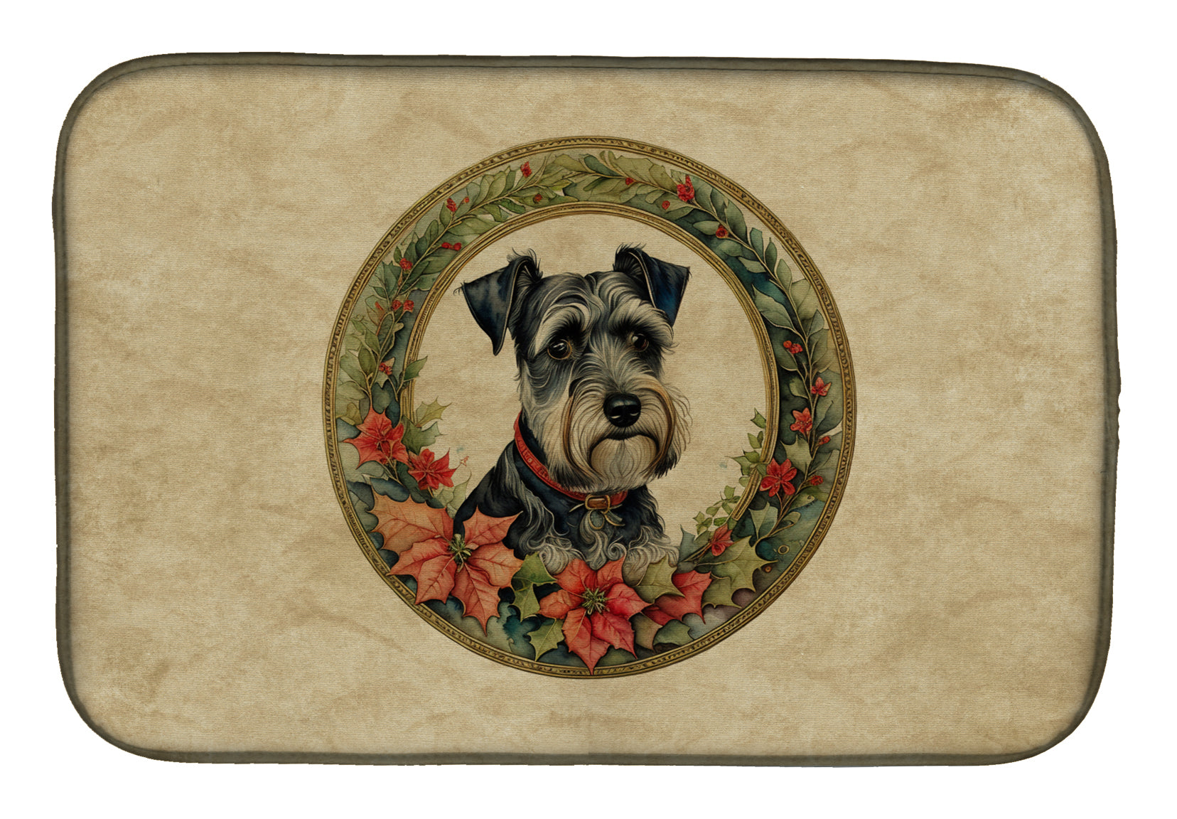 Schnauzer Christmas Flowers Dish Drying Mat