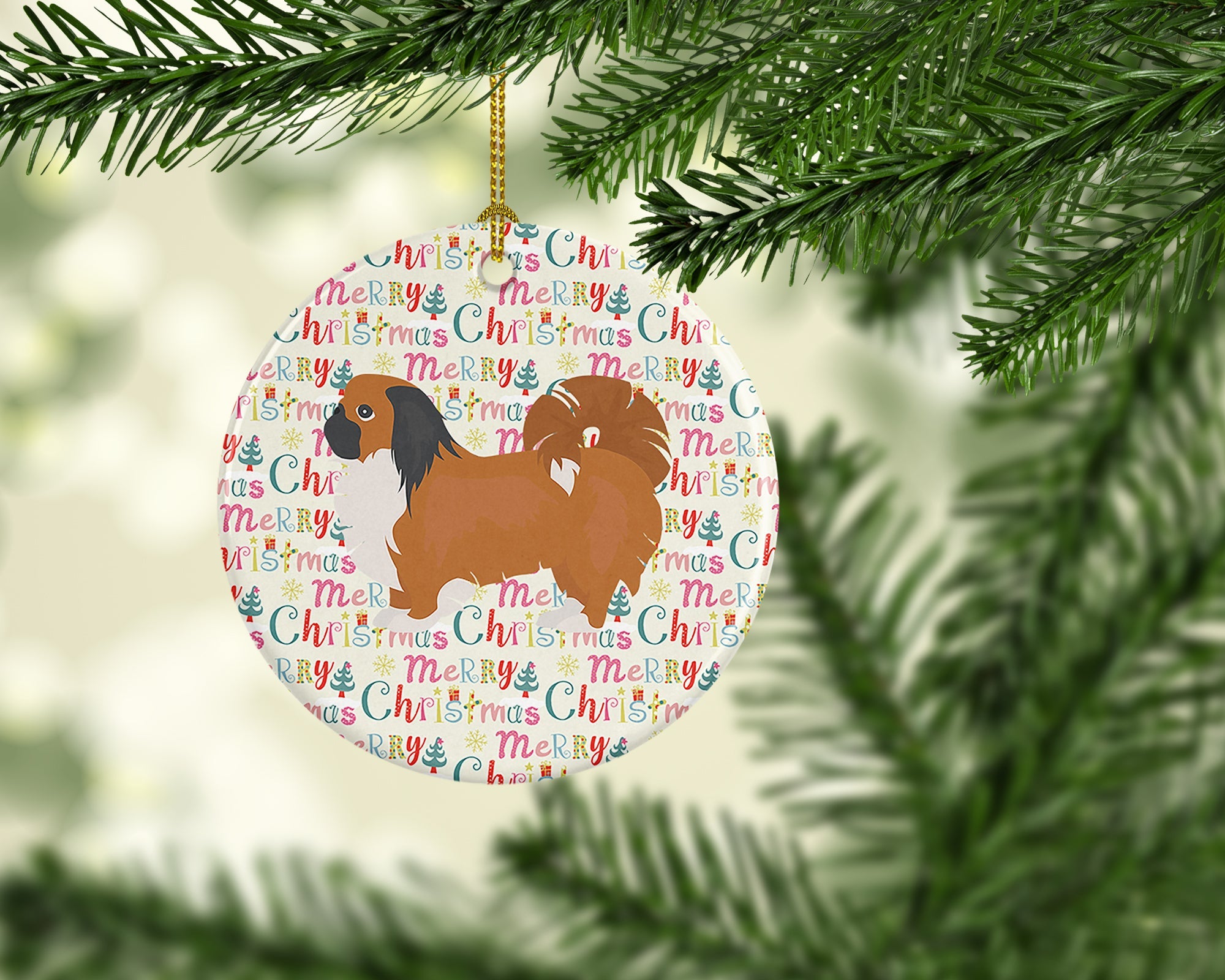 Pekingese Merry Christmas Ceramic Ornament