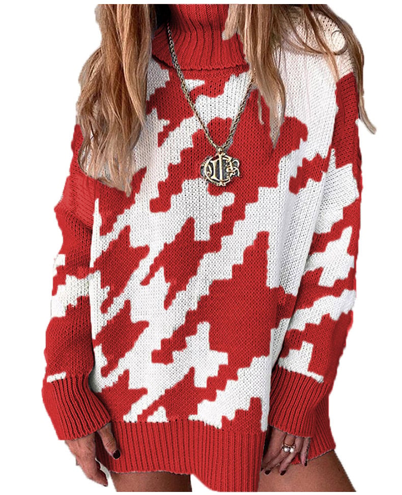 Women's Contrast Color Lapel Mid-Length Sweater