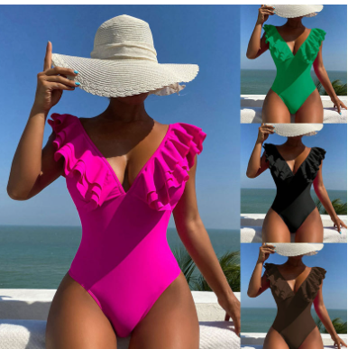 WOLFF Ruffled V-Neck One-Piece Swimsuit (Single Piece)