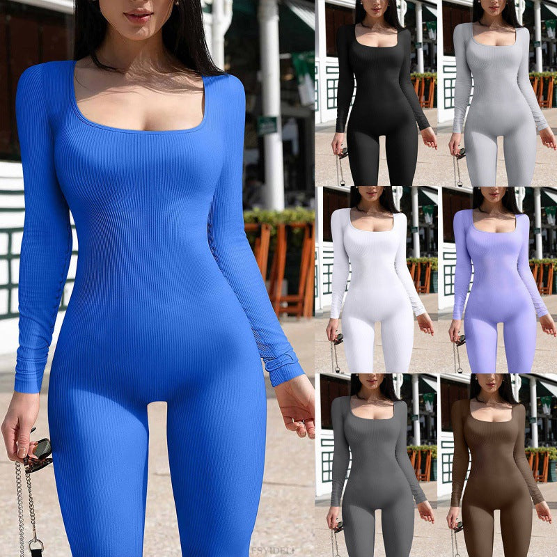 Autumn Winter Women's Ribbed Bodysuit with Square Neck