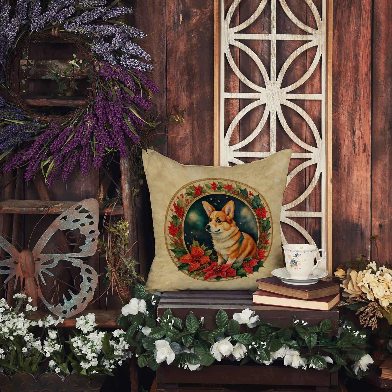 Corgi Christmas Flowers Throw Pillow