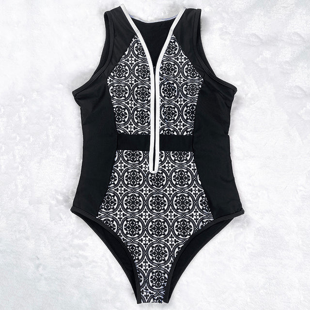 Vintage Retro Zipper One Piece Swimsuit for Women