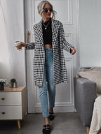 Mid-Length Houndstooth Printed Double-Breasted Coat