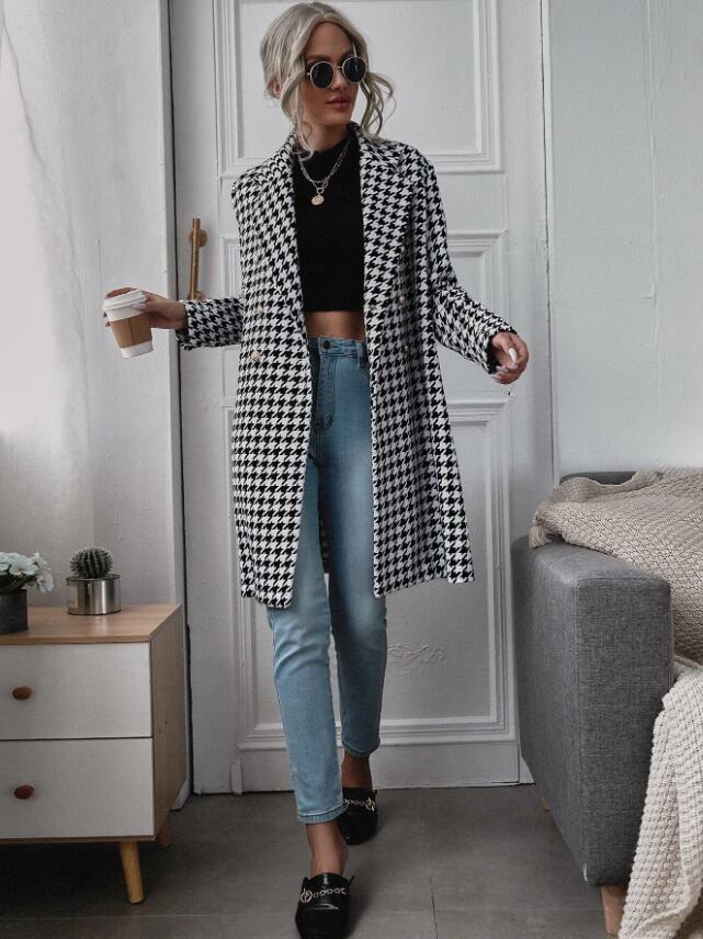 Mid-Length Houndstooth Printed Double-Breasted Coat