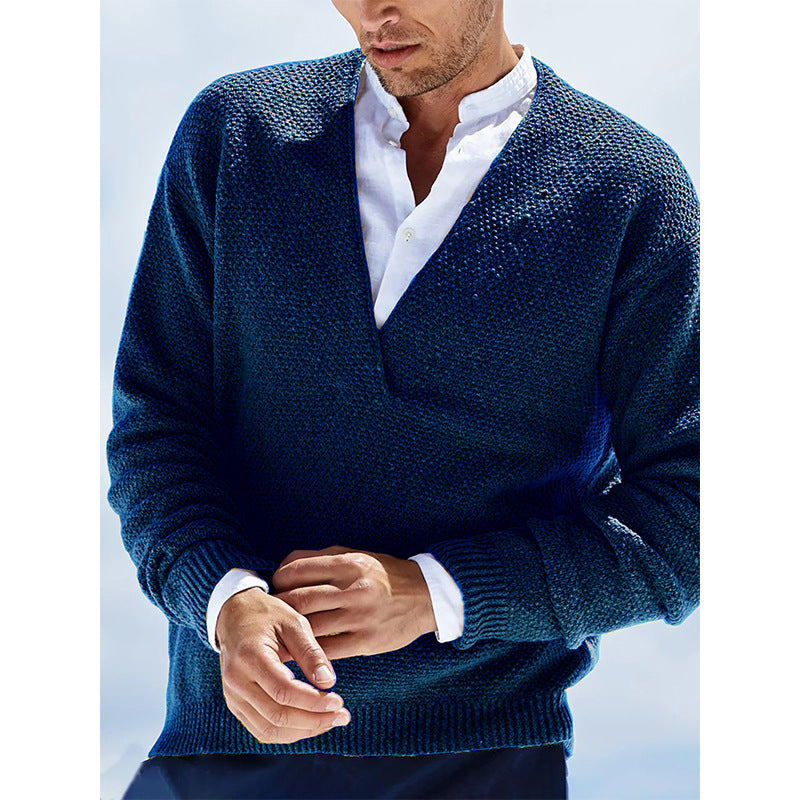 Men's Solid Color Long-sleeved V-neck Sweater