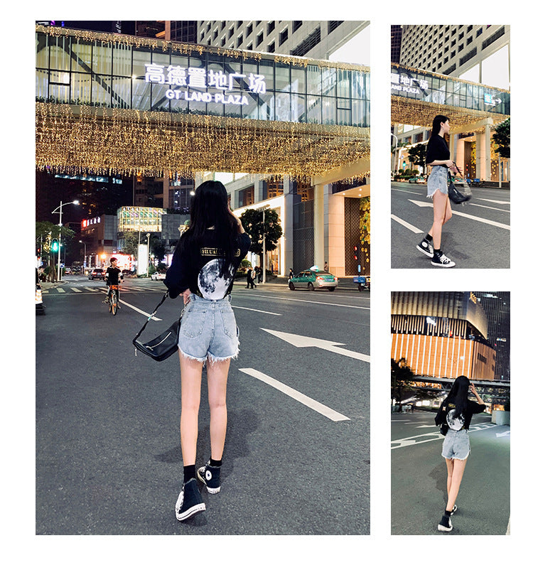 High-Waisted Ripped Wide-Leg Denim Shorts for Women