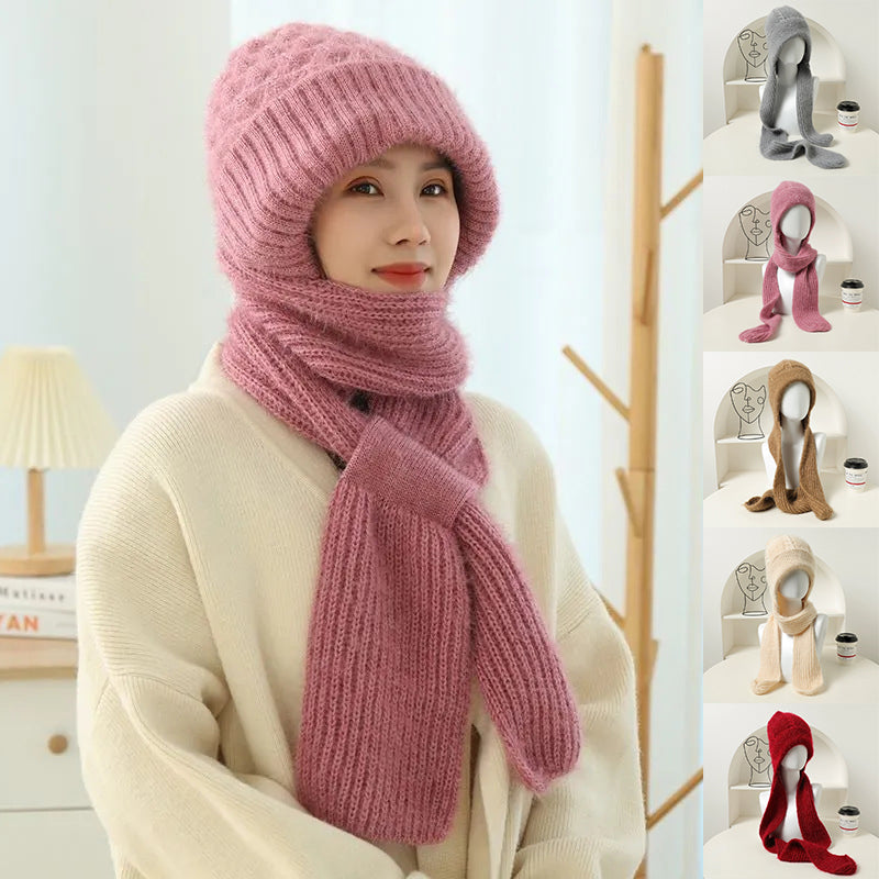 Women's Fleece-lined Knitted Scarf and Hat Set | Embroidered Cap