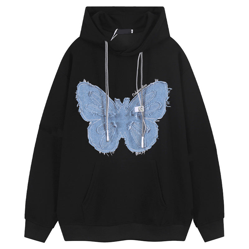 Retro Patch Denim Butterfly Flower Hoodie Sweatshirt | Streetwear