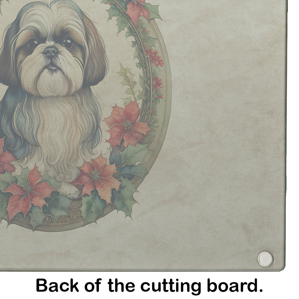Shih Tzu Christmas Flowers Glass Cutting Board