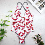Flamingo Print Bikini with Cross Strap One-Piece Swimsuit