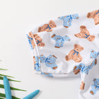 Cute Cartoon Bear Print Swimsuit and Plaid Shorts Set