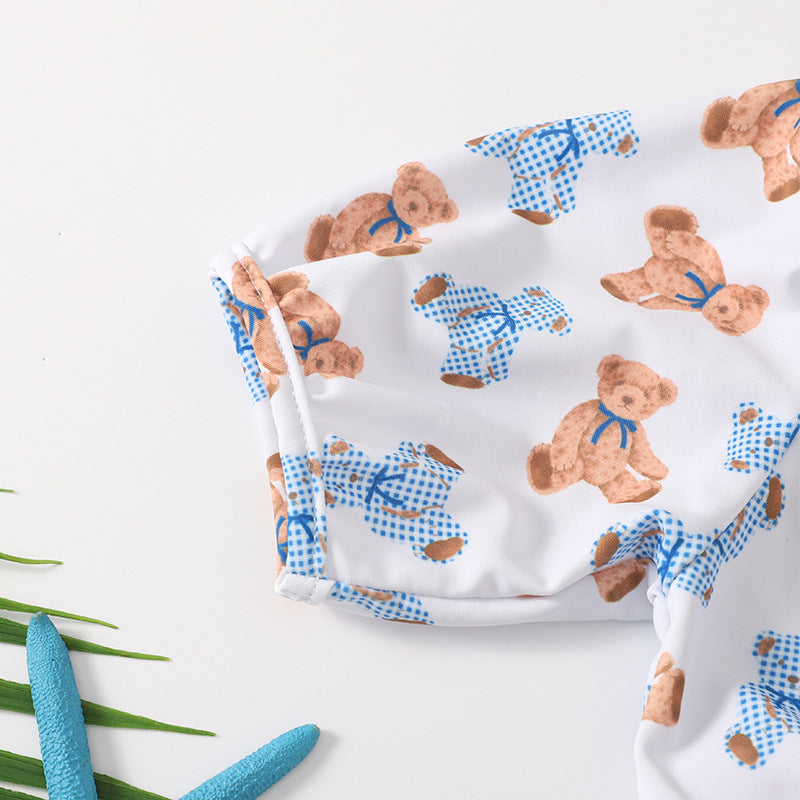 Cute Cartoon Bear Print Swimsuit and Plaid Shorts Set