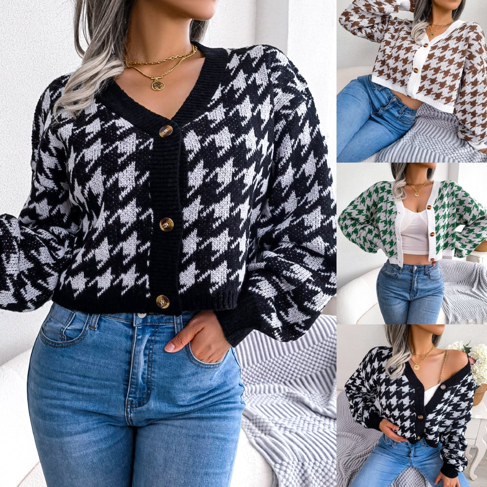 Casual Long Sleeve Checkered Cardigan Sweater
