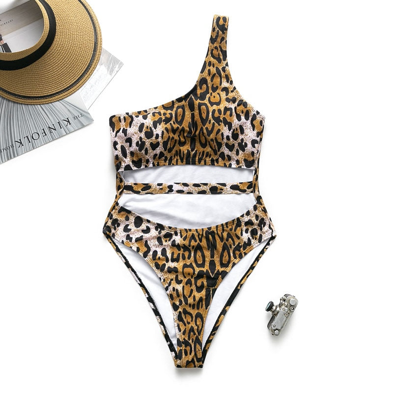 One-Shoulder Leopard Colorblock Bikini Set