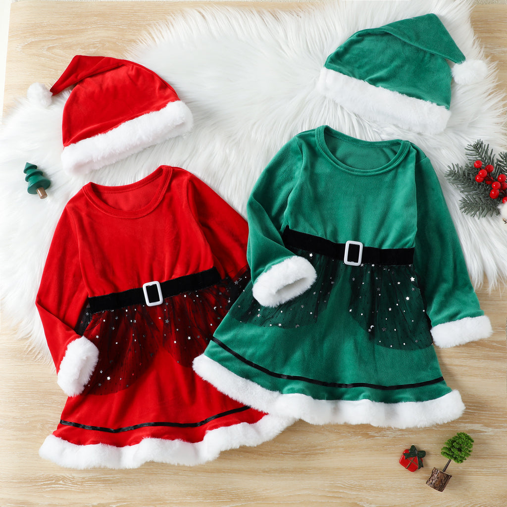 Korean Velvet Long Sleeve Dress for Girls' Christmas