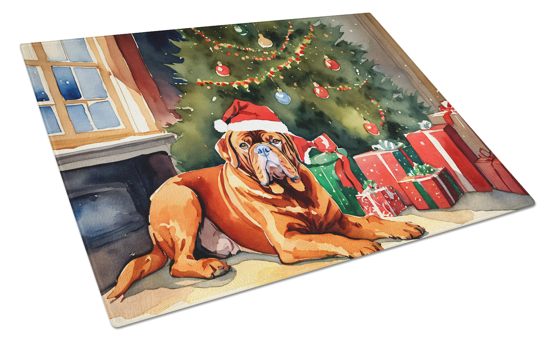 Dogue de Bordeaux Cozy Christmas Glass Cutting Board