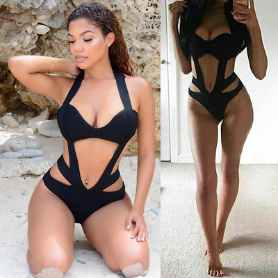 Women's Black One-Piece Swimsuit Bodysuit