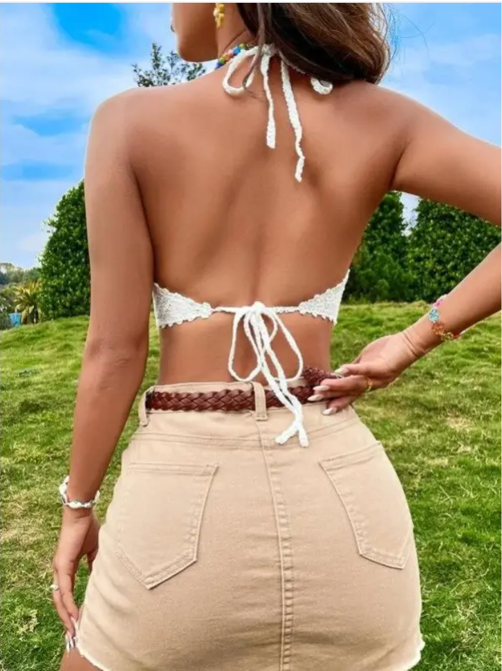 Embroidered Knit Halterneck Crop Top Vest