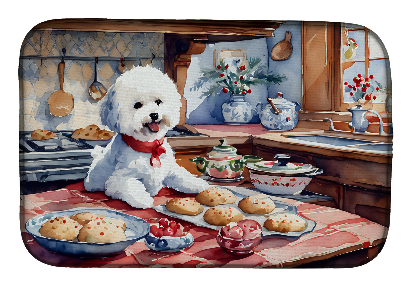 Bichon Frise Christmas Cookies Dish Drying Mat