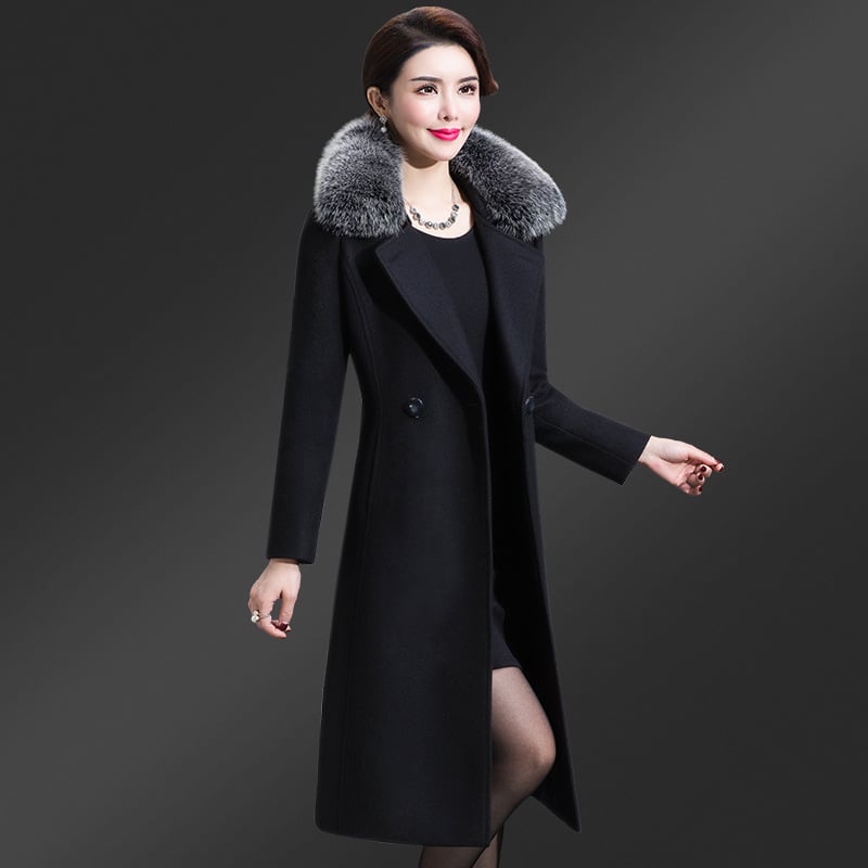 Korean Fox Fur Collar Cashmere Coat (Single Side)