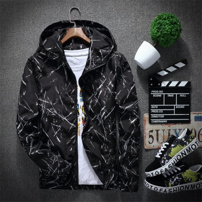 Men's Spring Autumn Bomber Jacket with Print and Hood