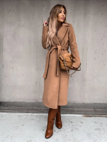 Women's Long Woolen V-Neck Tie-Up Coat