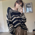 Striped Loose Round Neck Knit Sweater for Women