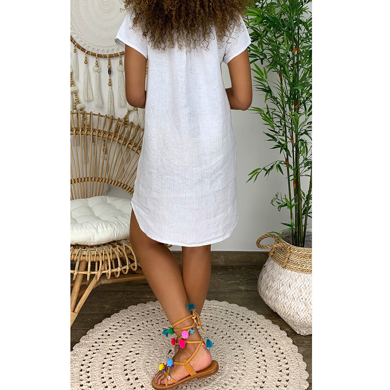 Women’s Casual V Neck Cotton Linen Mini Dress 5XL