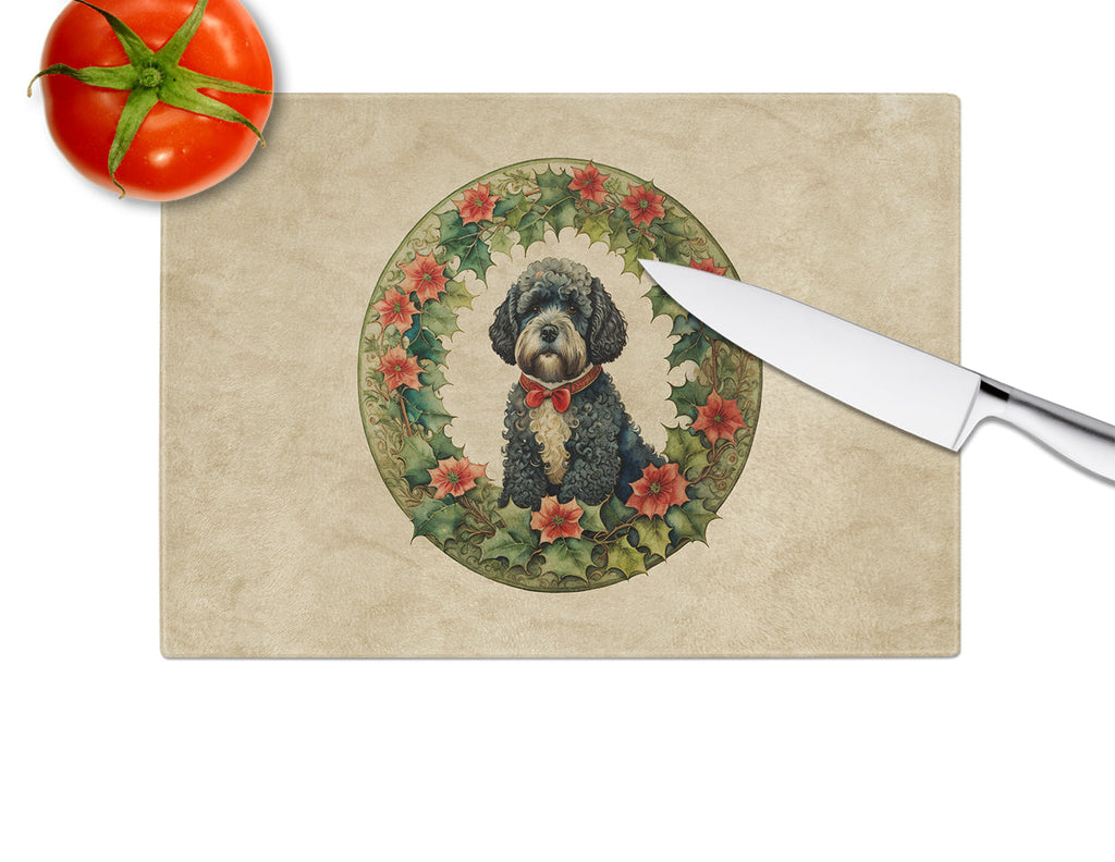 Portuguese Water Dog Christmas Flowers Glass Cutting Board