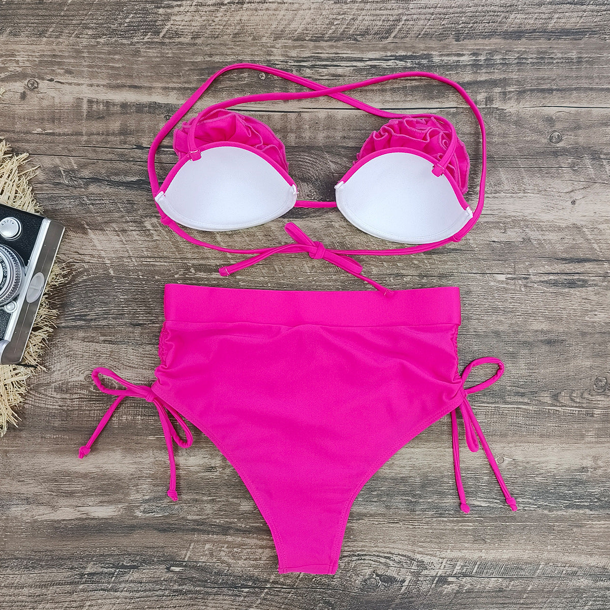 Solid Color High-Waist Bikini with Backless Design