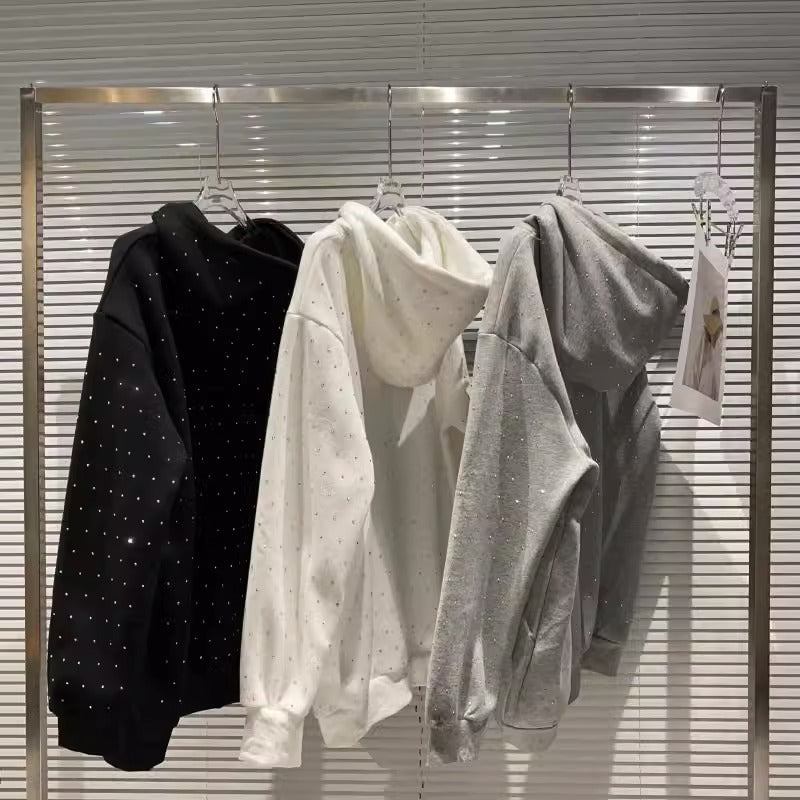Rhinestone Shiny Loose Pullover Hoodie | Streetwear