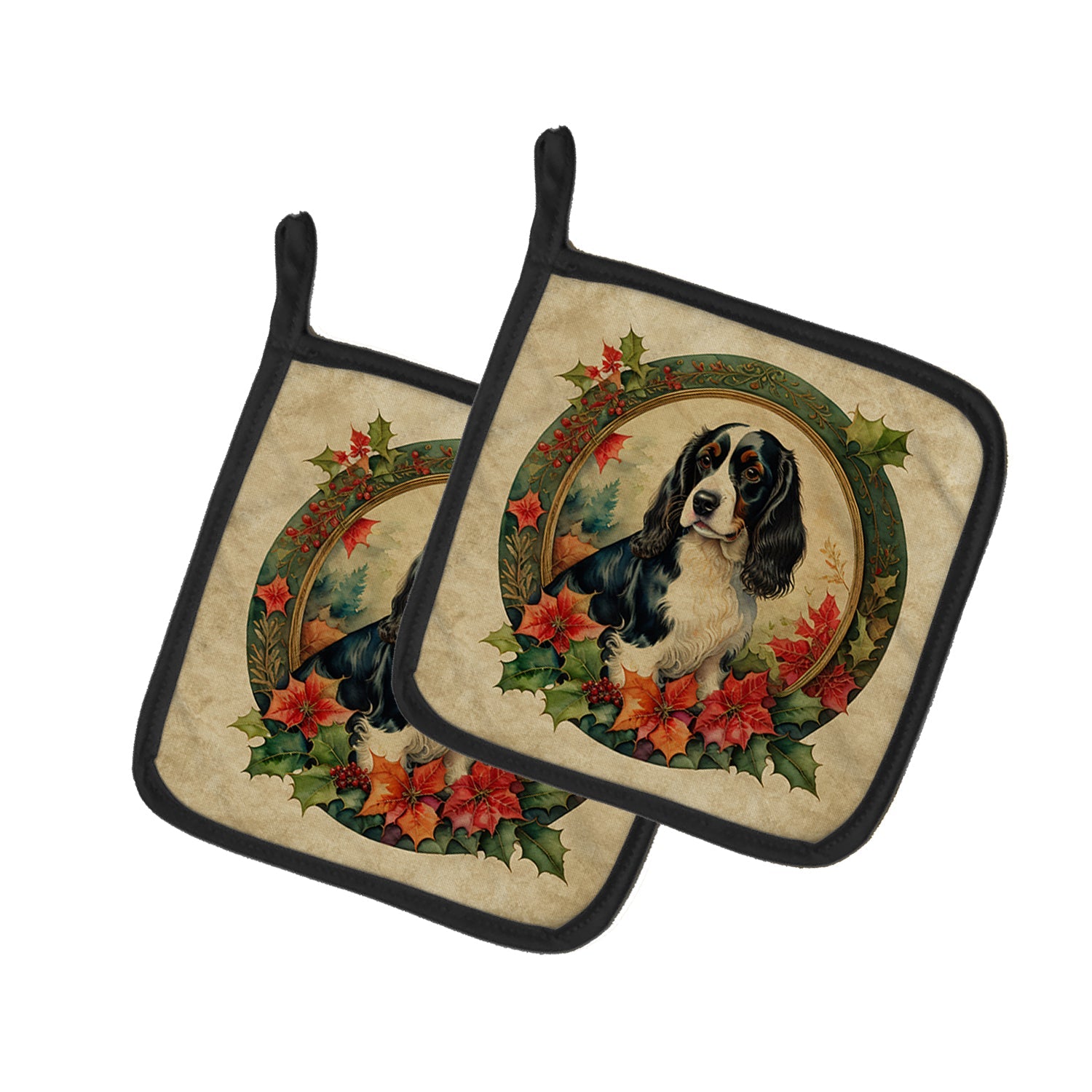 English Springer Spaniel Christmas Flowers Pair of Pot Holders