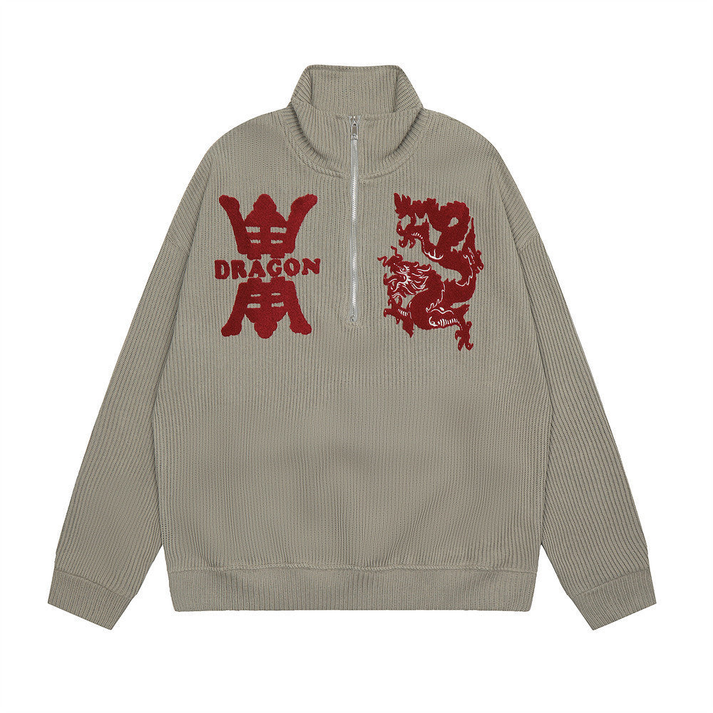 Creative Pattern Embroidered Sweater with Stand Collar