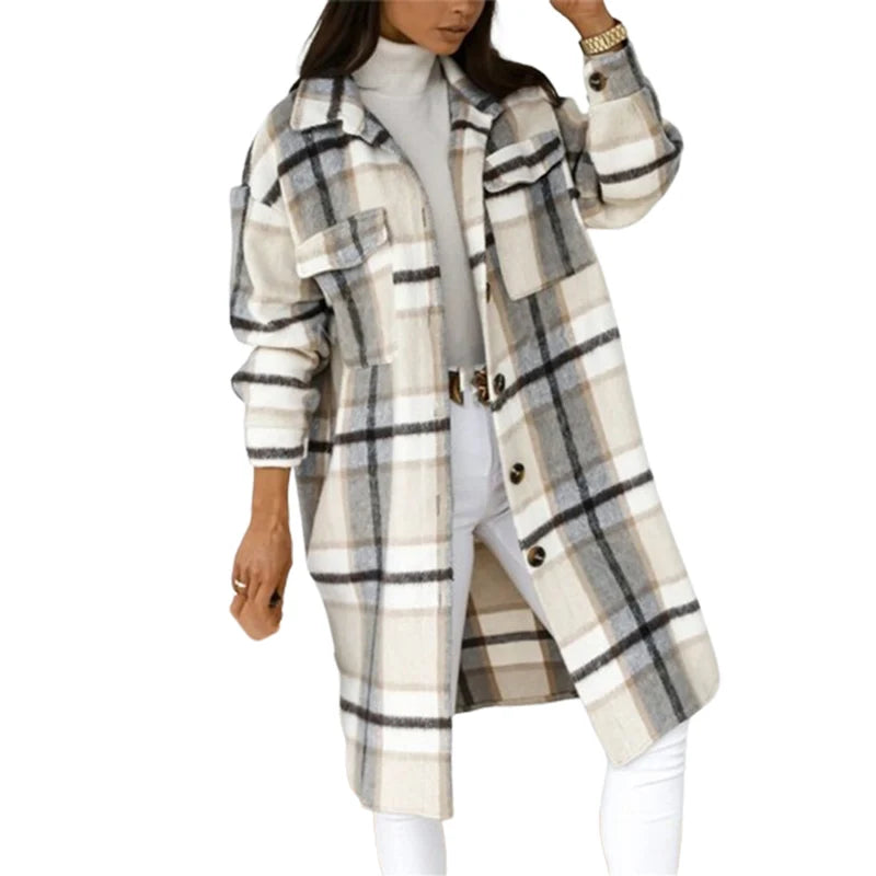 Women's Long Check Tweed Cardigan with Pockets