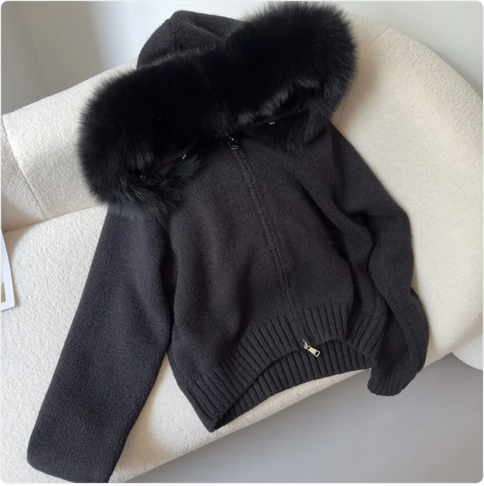 Hooded Sweater with Real Fox Fur Collar