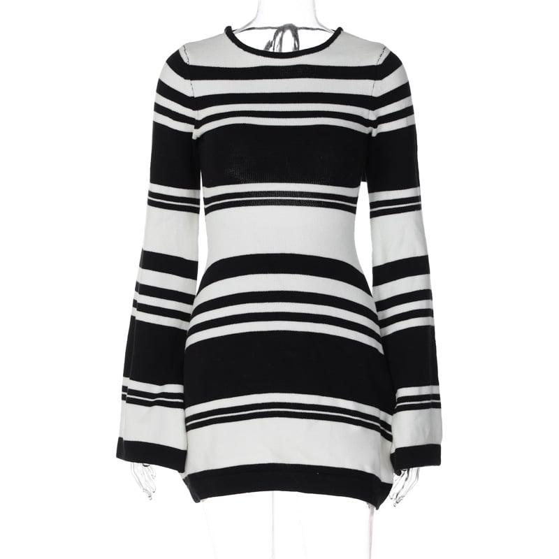Striped Knitted Backless Sweater with Flare Sleeves